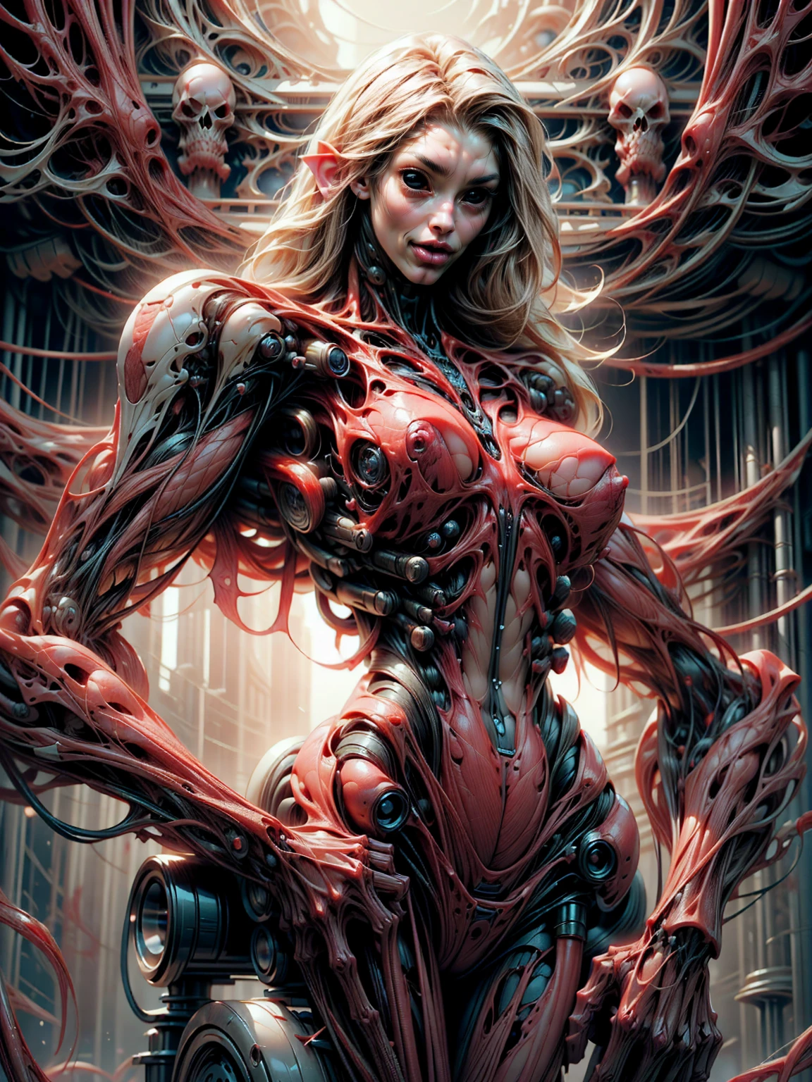 (((beautiful girl face))), (((megan fox as a beautiful vampiric girl with a muscular red carnage body))), (((red carnage anatomic cybernetic muscle suit))), (((body totally covered in muscles, veins, tendons))), (((perfect muscular anatomy))), (((wide shoulders and upper body))), (((slim waist))), (((long hair))), (((perfect hands:))),