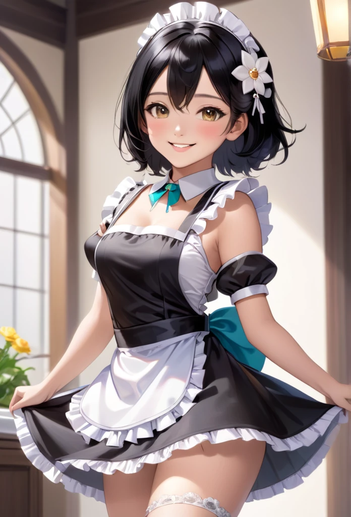 A beautiful young woman with shoulder-length black hair, clear and light brown eyes, smooth skin, and a lovely smile, wearing a maid costume with a crystal flower accessory, stunning body proportions and beautiful legs