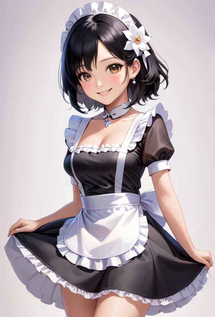 A beautiful young woman with shoulder-length black hair, clear and light brown eyes, smooth skin, and a lovely smile, wearing a maid costume with a crystal flower accessory, stunning body proportions and beautiful legs