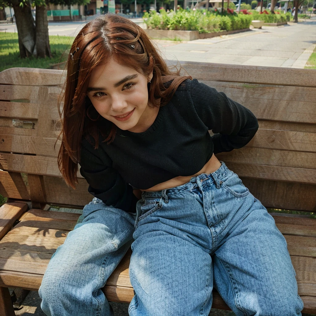 black sweater, Big bust, denim pants, smiling, flirty face, sitting on a park bench