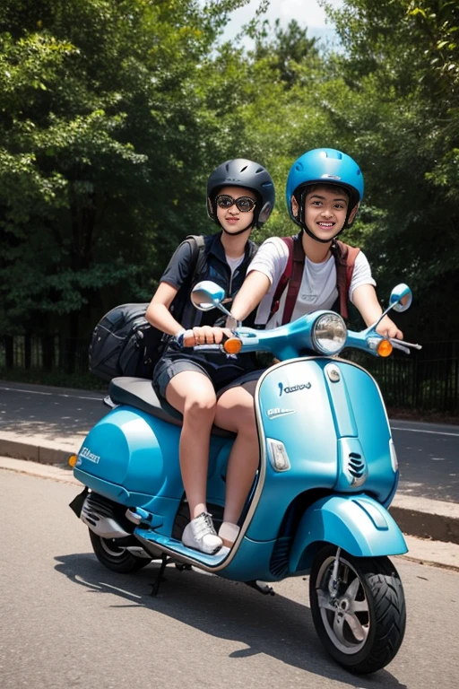 Two teenagers travel on a Vespa moped