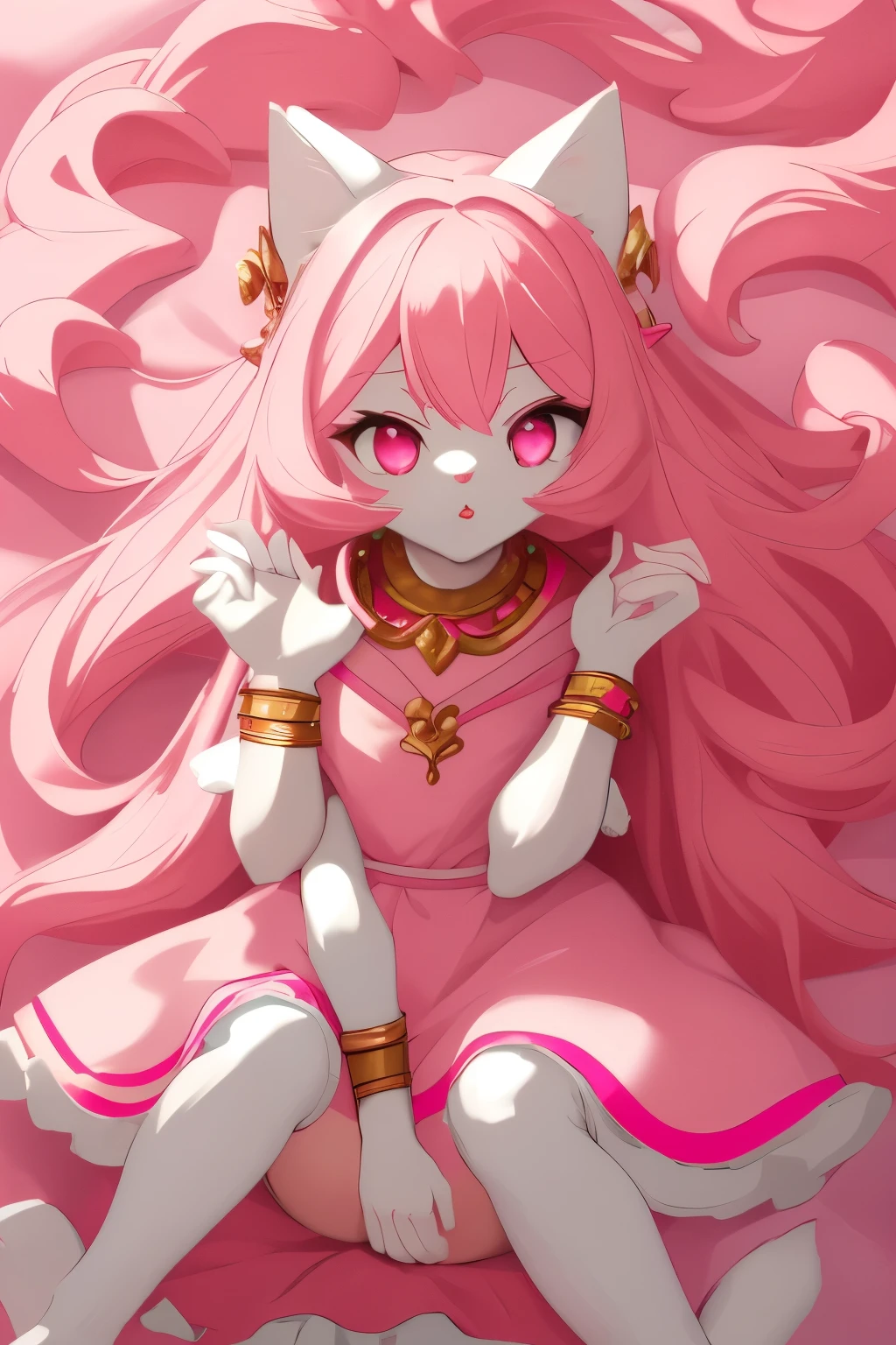 work of art, perfect, highy detailed, (small hibryd anthro cat femboy), cute pink skin, ((pink eyes)), ((1))fluffy cat tail, Pink long hair, tiny chest, (PINK CAT Ears), Wearing a pink collar, pink maid dress, White silk gloves, silk white thigh socks, wearing a pink muzzle, True muzzle, god of eyes, niji, god of eyes, niji,