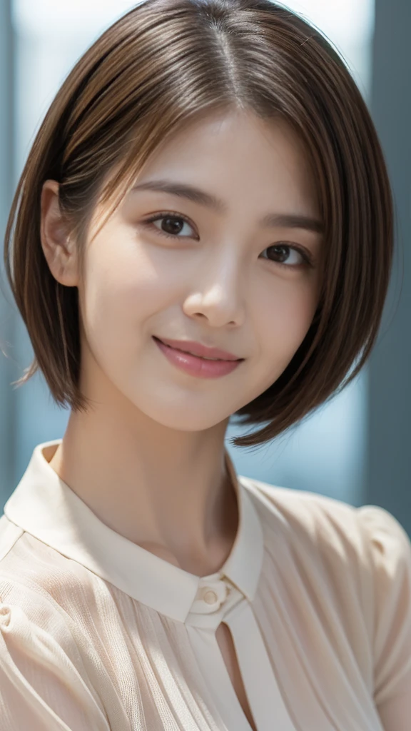 (Raw Photo), (Photorealsitic), (Masterpiece), (Best Quality), High Resolution, 8K, (Intricate Details), (Voluminous Light), Portrait, Female, 35 Years Old, Short Hair, Straight Hair , layered hair, brown hair, very fine eyes, source order, very fine eyebrows, very fine skin, very fine mouth, very fine nose, cute like an idol, happy smile, ((thick lips)), (looking at the viewer ), (elegant blouse),
