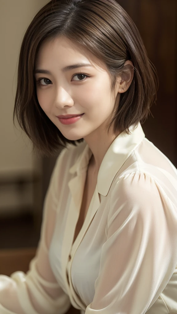 (Raw Photo), (Photorealsitic), (Masterpiece), (Best Quality), High Resolution, 8K, (Intricate Details), (Voluminous Light), Portrait, Female, 35 Years Old, Short Hair, Straight Hair , layered hair, brown hair, very fine eyes, source order, very fine eyebrows, very fine skin, very fine mouth, very fine nose, cute like an idol, happy smile, ((thick lips)), (looking at the viewer ), (elegant blouse),