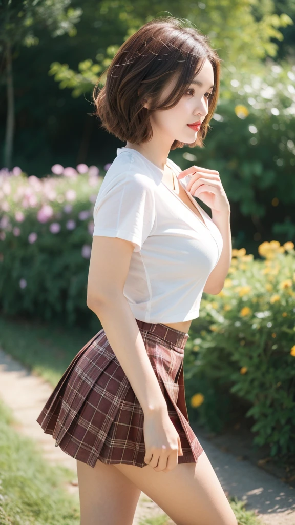 NSFW, 8k RAW photos, best quality, masterpiece, ultra high resolution, film grain, movie, 1 woman, looking at viewer, natural skin texture, Realistic eye and facial details, full Lips, Lipstick, (assembly), Red eyeshadow, fluffy short hair, messy hair, laugh, 입을 다water다, beautiful leg, tall woman, thin, slim_leg, alone, huge breasts, The cleavage is visible, Pose with your butt facing forward., Very short skirt, ~am, shirt, beautiful natural location, Around the flower field, (detailed background), plaid skirt, white shirt, huge breasts, split, Show a little split through the shirt, loafers, haziness background, haziness, possession, plaid, short sleeve, brown hair, bracelet, water, forehead, , bijouterie, parted Lips, Lips, from the side, pleated skirt, depth of field