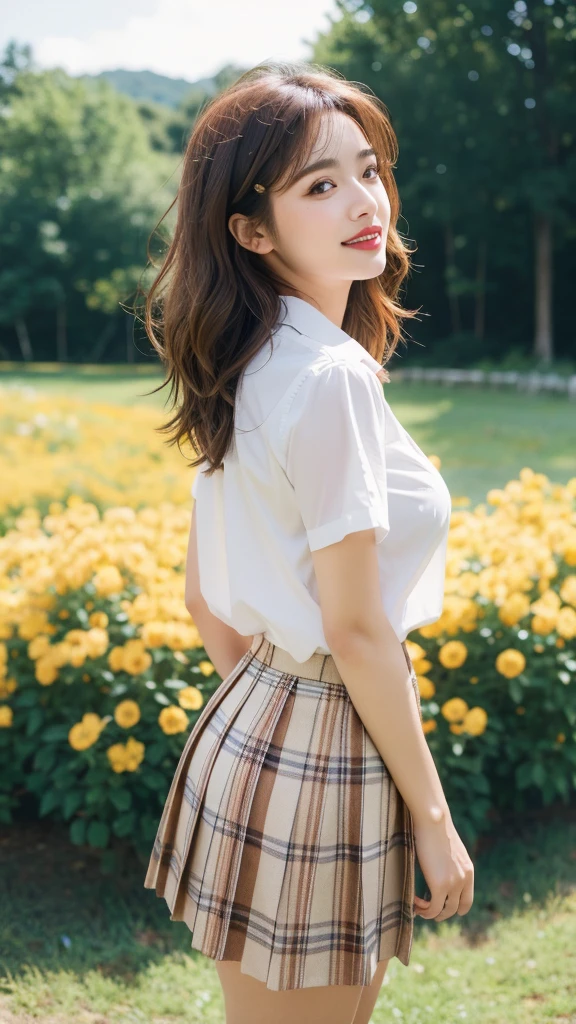 NSFW, 8k RAW photos, best quality, masterpiece, ultra high resolution, film grain, movie, 1 woman, looking at viewer, natural skin texture, Realistic eye and facial details, full Lips, Lipstick, (assembly), Red eyeshadow, fluffy short hair, messy hair, laugh, 입을 다water다, beautiful leg, tall woman, thin, slim_leg, alone, huge breasts, The cleavage is visible, Pose with your butt facing forward., Very short skirt, ~am, shirt, beautiful natural location, Around the flower field, (detailed background), plaid skirt, white shirt, huge breasts, split, Show a little split through the shirt, loafers, haziness background, haziness, possession, plaid, short sleeve, brown hair, bracelet, water, forehead, , bijouterie, parted Lips, Lips, from the side, pleated skirt, depth of field