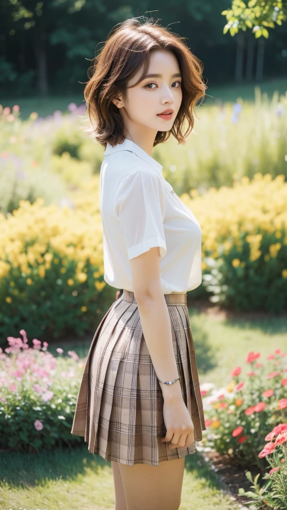 NSFW, 8k RAW photos, best quality, masterpiece, ultra high resolution, film grain, movie, 1 woman, looking at viewer, natural skin texture, Realistic eye and facial details, full Lips, Lipstick, (assembly), Red eyeshadow, fluffy short hair, messy hair, laugh, 입을 다water다, beautiful leg, tall woman, thin, slim_leg, alone, huge breasts, The cleavage is visible, Pose with your butt facing forward., Very short skirt, ~am, shirt, beautiful natural location, Around the flower field, (detailed background), plaid skirt, white shirt, huge breasts, split, Show a little split through the shirt, loafers, haziness background, haziness, possession, plaid, short sleeve, brown hair, bracelet, water, forehead, , bijouterie, parted Lips, Lips, from the side, pleated skirt, depth of field