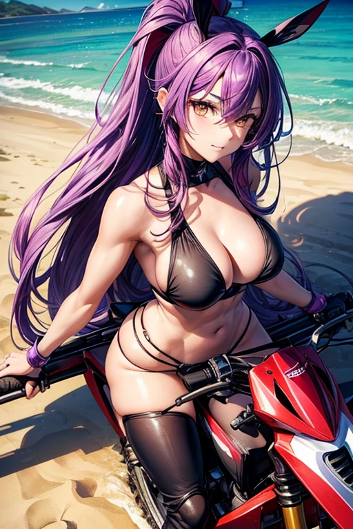 Draw Misha Fox, an anime-style character with long purple hair, black eyebrows and eyes, breasts small, Waist slender, big and perky ass, thick-thighs. Wearing only a very tight bikini. Riding a quad bike on the beach. View from the back with your ass stuck out while riding your quad bike on the beach, drawing attention with your hot ass.