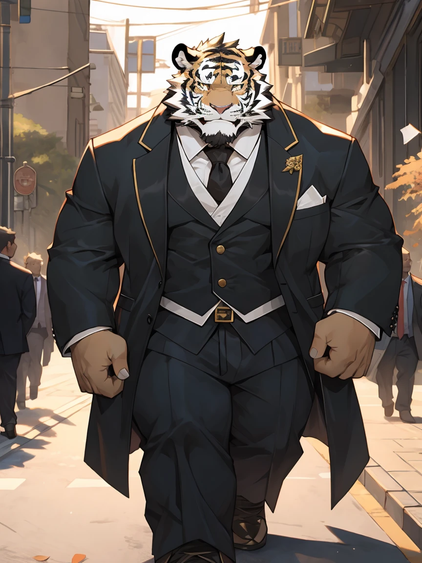 White Tiger,Orcs,Gold pattern,Scar on left eye,The left pupil is black,Right eye pupil,Suit,Walking down the street smiling