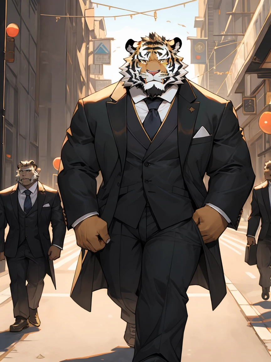 White Tiger,Orcs,Gold pattern,Scar on left eye,The left pupil is black,Right eye pupil,Suit,Walking down the street smiling
