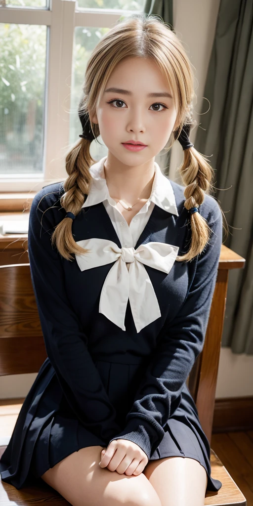 (extremely detailed CG unity 8k wallpaper,masterpiece, best quality, ultra-detailed),school classroom setting,sunlight filtering through trees,beautiful blonde high school girl with twintails and ahoge(D-cup),smartphone in hand,fidgeting with it,beautiful black-haired high school girl,thin and flat-chested, wearing sailor uniform,sitting on chair and having conversation with blonde girl who is sitting on desk,in the evening.