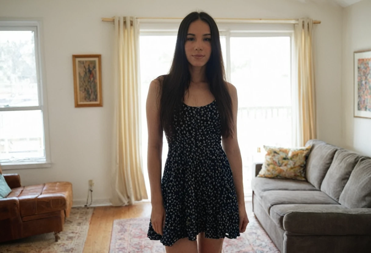 A photo of a woman with long dark hair and large , wearing a short dress in her living room