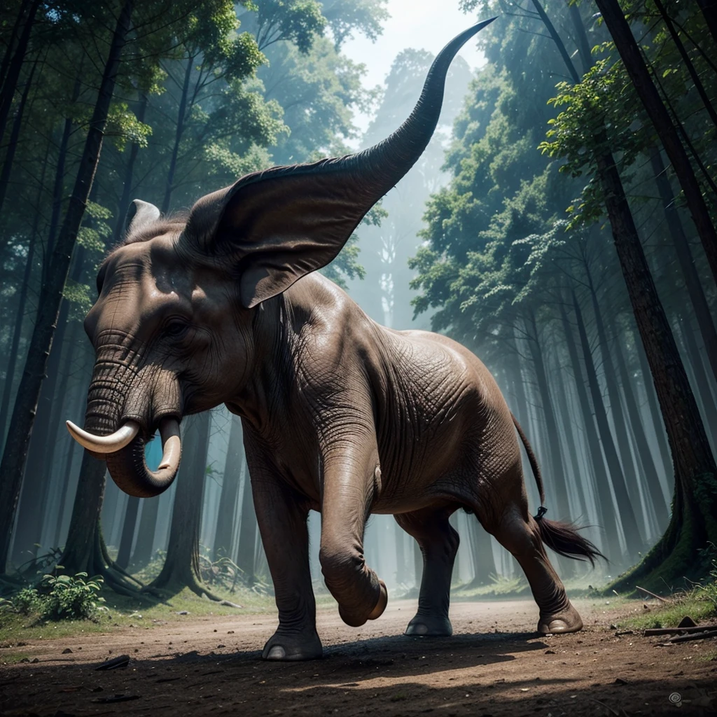 Create an ultra-realistic image of a magical creature that combines elements of an elephant and a horse, inspired by Greek mythology. This unique creature should have the majestic body and strength of an elephant, but with the elegance and grace of a horse. The creature's body should be massive and muscular, covered in a thick, leathery skin that resembles the texture of an elephant's hide but with a sleek, glossy sheen. Its legs should be long and powerful, similar to a horse's, allowing it to move with both strength and agility. The feet should end in large, rounded hooves that combine the features of both animals. The creature's head should blend the features of both an elephant and a horse. It should have a long, graceful neck like a horse, but with the iconic trunk of an elephant, which should be adorned with intricate, mystical patterns glowing faintly. The ears should be large and fan-like, similar to an elephant's, but with a more streamlined and elegant shape. The eyes should be large, expressive, and filled with wisdom, reflecting the creature's ancient and magical nature. The creature should have a flowing mane like a horse, but made of shimmering, ethereal strands that ripple and glow with magical energy. The tail should also blend elements of both animals, being long and powerful like an elephant's, but ending in a tuft of flowing hair like a horse's mane. The setting should be a mystical, enchanted forest with towering ancient trees, glowing plants, and a magical, ethereal atmosphere. The creature should be depicted in a majestic pose, perhaps rearing up on its hind legs or gracefully striding through the forest. The overall scene should evoke a sense of awe and wonder, highlighting the beauty and power of this unique, mythical creature