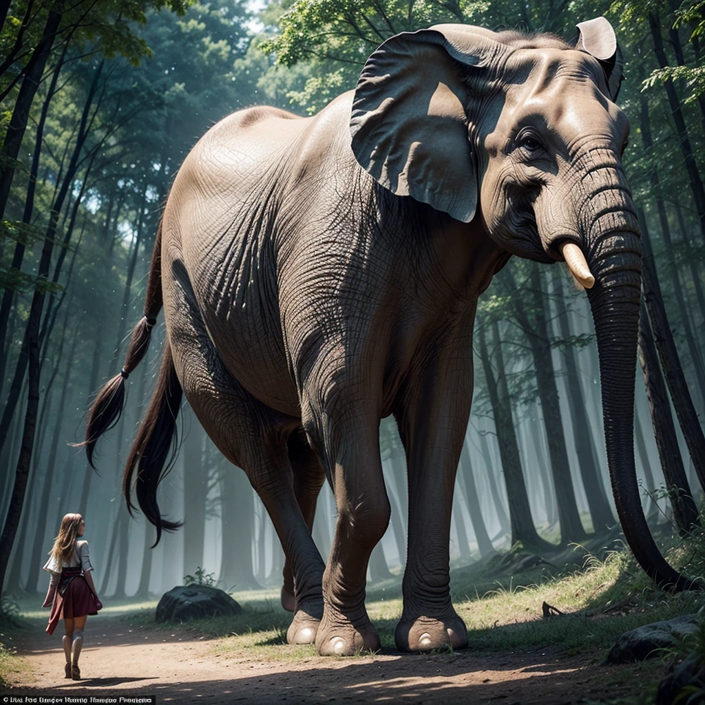 a whild elephant sitting in the jungle, thick dark forest, leaves, plants tall trees everywhere, a indian old women standing near elephant legs, holding a kid on hands. old women should be more detailed. skin tones detailed, wearing a saree. can u make old women and holding kid little more bigger. closeup photo with. bigg old women