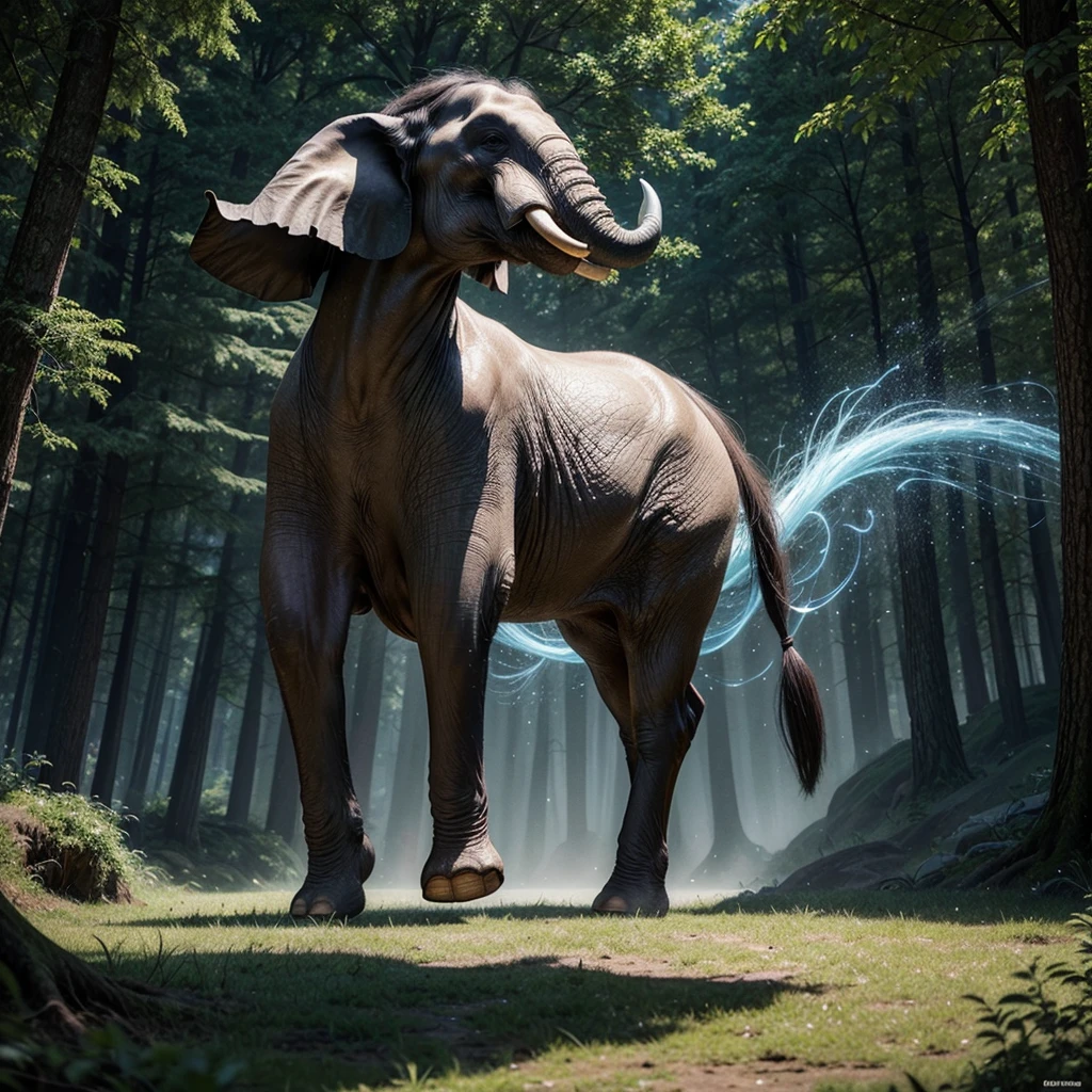 Create an ultra-realistic image of a magical creature that combines elements of an elephant and a horse, inspired by Greek mythology. This unique creature should have the majestic body and strength of an elephant, but with the elegance and grace of a horse. The creature's body should be massive and muscular, covered in a thick, leathery skin that resembles the texture of an elephant's hide but with a sleek, glossy sheen. Its legs should be long and powerful, similar to a horse's, allowing it to move with both strength and agility. The feet should end in large, rounded hooves that combine the features of both animals. The creature's head should blend the features of both an elephant and a horse. It should have a long, graceful neck like a horse, but with the iconic trunk of an elephant, which should be adorned with intricate, mystical patterns glowing faintly. The ears should be large and fan-like, similar to an elephant's, but with a more streamlined and elegant shape. The eyes should be large, expressive, and filled with wisdom, reflecting the creature's ancient and magical nature. The creature should have a flowing mane like a horse, but made of shimmering, ethereal strands that ripple and glow with magical energy. The tail should also blend elements of both animals, being long and powerful like an elephant's, but ending in a tuft of flowing hair like a horse's mane. The setting should be a mystical, enchanted forest with towering ancient trees, glowing plants, and a magical, ethereal atmosphere. The creature should be depicted in a majestic pose, perhaps rearing up on its hind legs or gracefully striding through the forest. The overall scene should evoke a sense of awe and wonder, highlighting the beauty and power of this unique, mythical creature