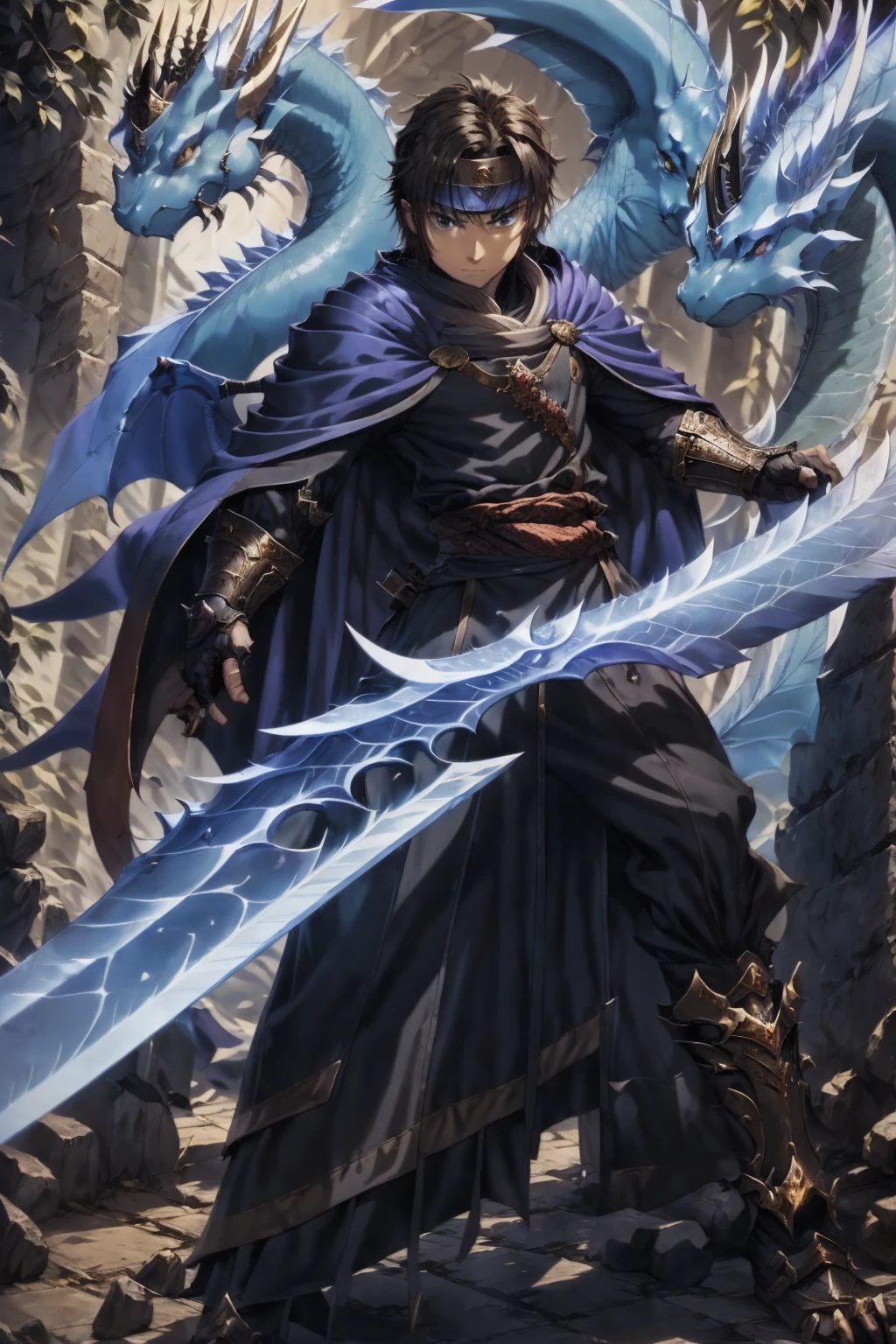 Male swordsman,cape, black robe, headband, 2 dragons