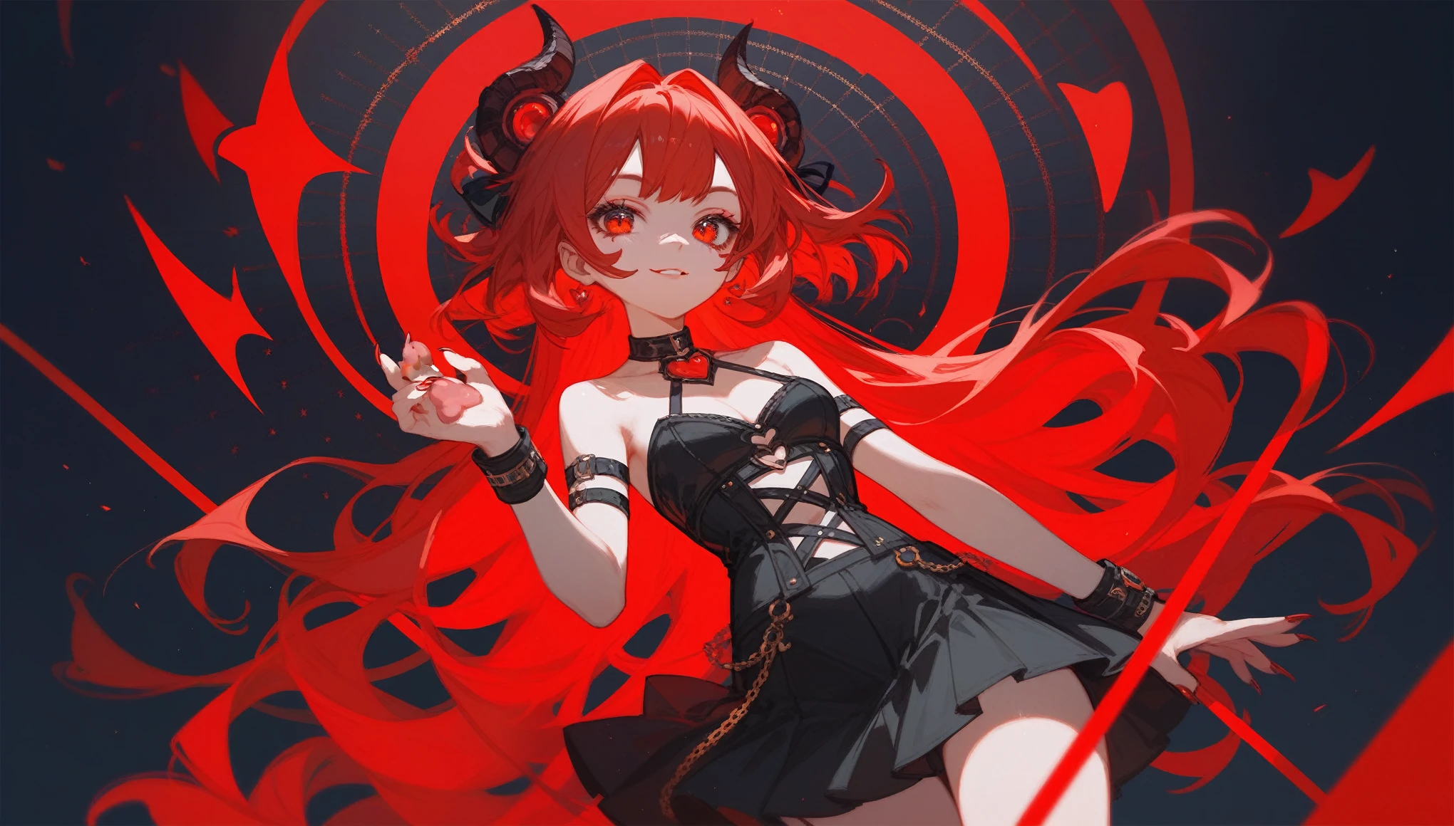 (Fraction_9,Fraction_8_Direction_7_up),1 girl,Devil Girl,Red hair,Red Eyes,wing,paw,Black skirt,beautiful_Face,