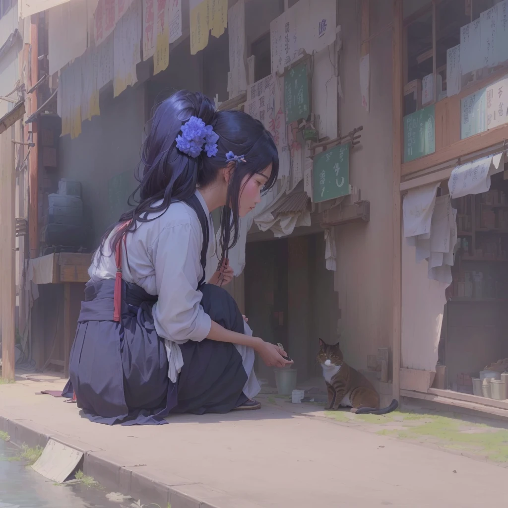Anime-style image of a woman sitting on a bench with a cat, Gweiz-style artwork, Painted in an anime artist&#39;s studio, Roysh and wlop, Roysh art style, Low level of detail. Digital Painting, Created by Anime Painter Studio, Blurry dreamy illustration, Blurry dreamy illustration, by Shimo, Roysh |1. Scenery and Cityscape in the Early Meiji Era
After the Meiji Restoration, Japan underwent rapid modernization and civilization. Consequently, many changes and reforms occurred. Below is a detailed explanation of the scenery, appearance of the poor, occupations, and cityscapes in the early Meiji period (1868 to the early 1880s).

2. Appearance of the Poor
Life for the impoverished and lower classes remained harsh. In particular, in urban areas, people migrated from rural areas or unemployed artisans gathered, intensifying competition in the labor market. Many of them struggled with poverty, often residing in slums or around temples.

3. Occupations
Meiji early Japan witnessed a diversification of occupations. Traditional agriculture and handicrafts were accompanied by the rise of modern industry and commerce. Particularly in urban areas, factory workers, shop clerks, and transporters increased, giving rise to new professions. However, many in these occupations endured harsh working conditions.

4. Influence of Civilization and Enlightenment
During the Meiji era, Western cultural influences spread rapidly. Changes in clothing, dietary habits, and the proliferation of Western-style architecture advanced, especially in urban areas. Conversely, this development posed a threat to traditional culture and lifestyles, resulting in societal upheaval and adaptation challenges.

5. Social Change and Policy Influence
While promoting modernization policies, the government also addressed poverty and social issues. Legislation for labor protection and charitable activities to aid the poor were implemented. Nevertheless, living conditions for the impoverished scarcely improved.

The early Meiji period marked a rapid transformation in Japan, with complex social landscapes involving challenges faced by the poor an