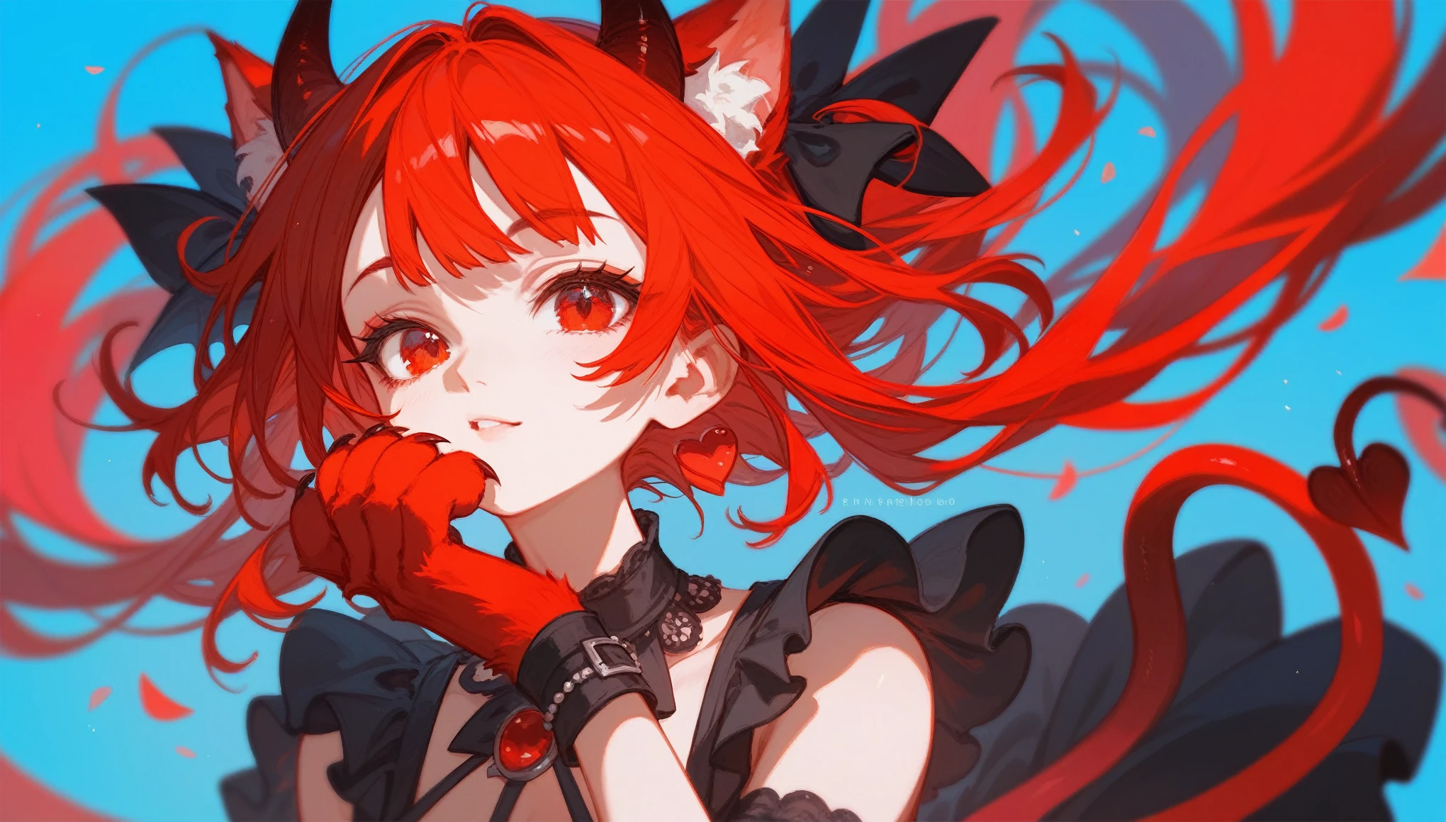 (Fraction_9,Fraction_8_Direction_7_up),1 girl,Devil Girl,Red hair,Red Eyes,wing,paw,Black skirt,beautiful_Face,