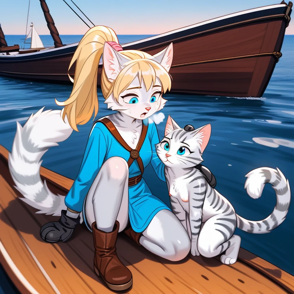 One, check_9,check_8_up,check_7_up, source_cartoon, Catboat, Anthro furry feline, Female, Short slender body, длинные светлые hair, Длинные грязные hair, hair, closing one eye, pink nose, Blue eyes, white sideburns, silver fur, gray stripes, furry body, Short, young, about 6 months years, in a blue blouse with ruffles, brown skirt, looking down, furrowed brow, Brown boots, night, to walk, hands tied together, руки связаны ropeми, Side view, rope, tied to her wrists, to walk down a nature path, on open air, Soldiers in the background, , excellent quality, high details, super detailed detail, Ultra Clarity, 4K, Bare ass