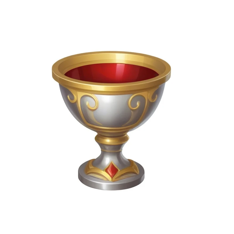 There is a silver and gold cup,There is a red liquid inside,With golden patterns,hero prop, Game Icon,Hand-drawn