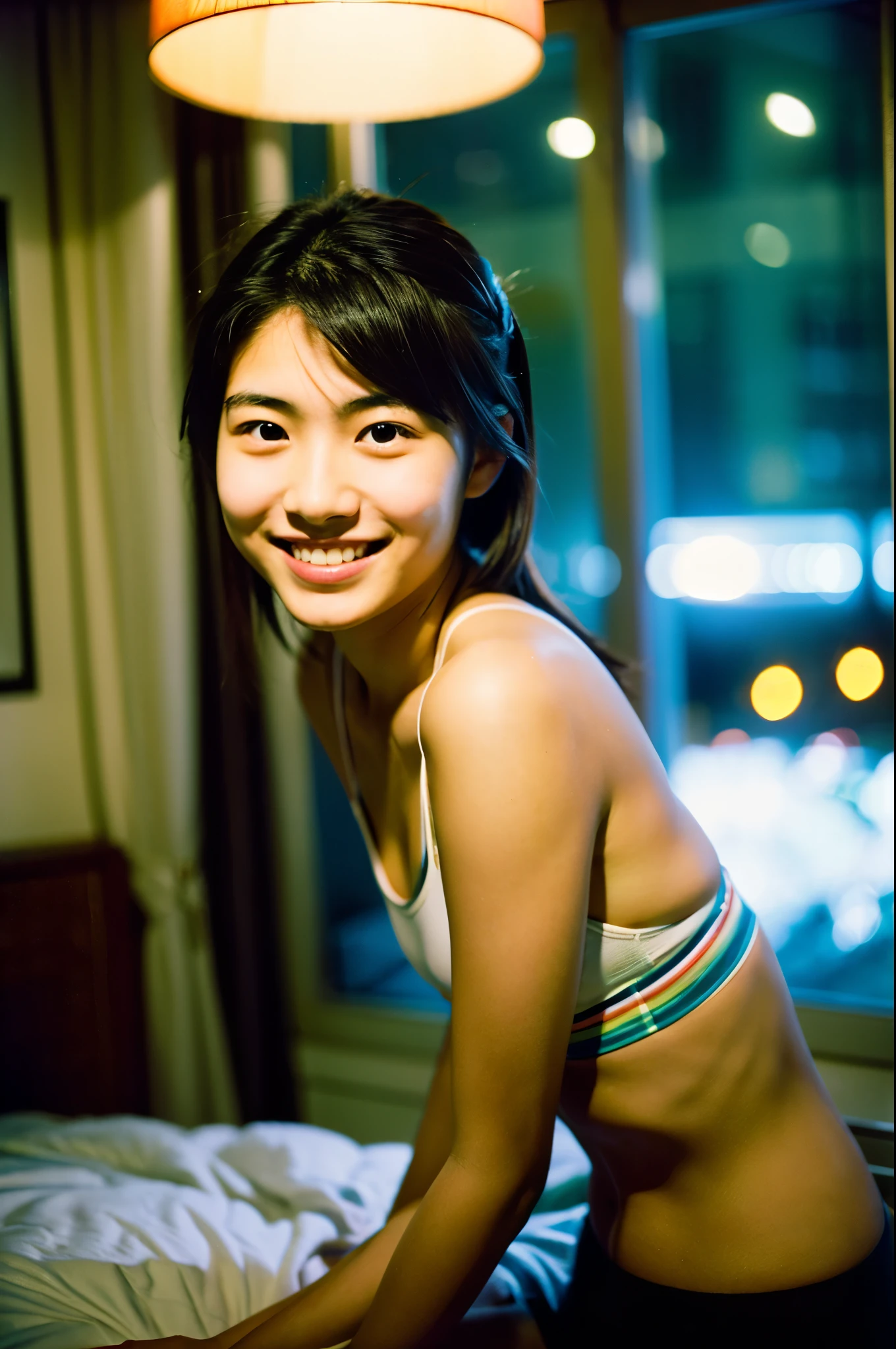 Very cute 16 year old Japanese woman, corners of mouth turned up, gentle smile, muffin top, detailed face, detailed body with nice curves, in the bedroom. Late night, movie photography, Leica 50 mm prime lens, Cine Steel 800T film, art color photography