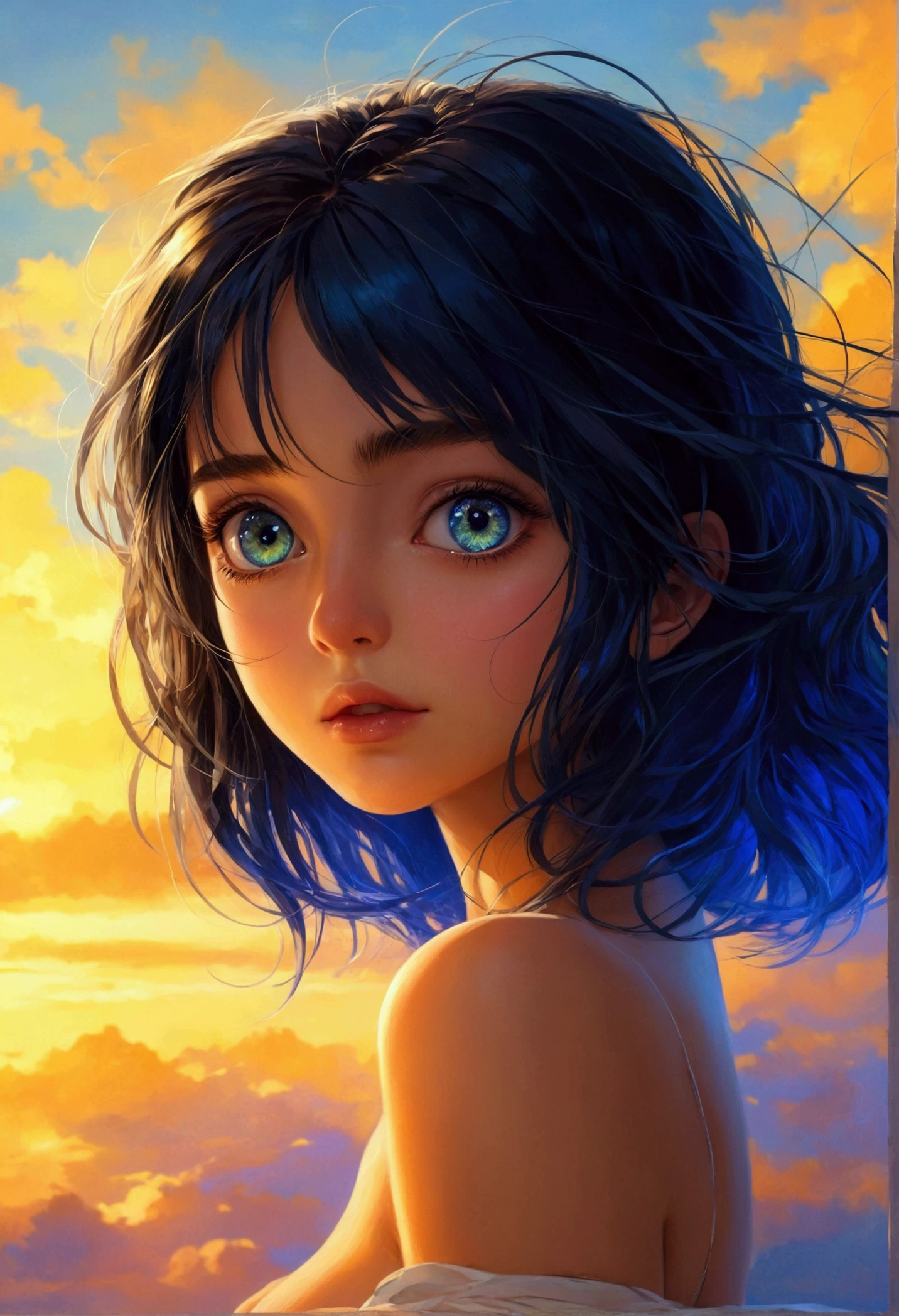 (masterpiece), best quality, expressive eyes, perfect face, Girl,long dark iridescent hair, iridescent eyes, small waist, medium chest, large thighs,nude