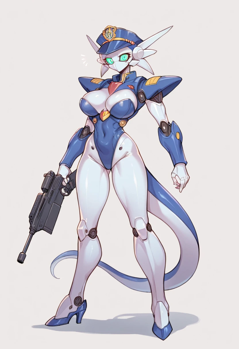 masterpiece, Highest quality, Super detailed,, figure,(One girl),Beautiful attention to detail, NSFW,high head and body,Package illustration style,female robot,1girl, White skin color,Armor is silver color,l main color is led color,cool robot face,metal mask,sensor eye,machine body,Big Breasts,Character portrait,No mouth,GUNDAM style head,Long, narrow eyes,Police hat,Police style armor,Dragon style(Dragon head,Dragon wing,Dragon tail),cool eyes, Single Blade Antenna,full art, Pilot Suit,Groin protection,breasts protect,Bladed arms, robotic anime legs,(Cyber Rifle),Possession of a gun,Urban area,look around,Full body painting,Leotard Armor,Get on a bike