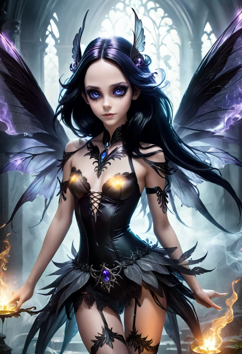 Anime personage, A beautiful ethereal cute dak fairy, gothic aethestics, smoke effects, dark long hairr, deep dark fairy wings, big detailed eyes. The scene is rich with dark fantasy elements, dramatic lighting,  Captured in a dramatic and cinematic style, in dinamic composition, the image blends video game art illustration with movie picture influences.