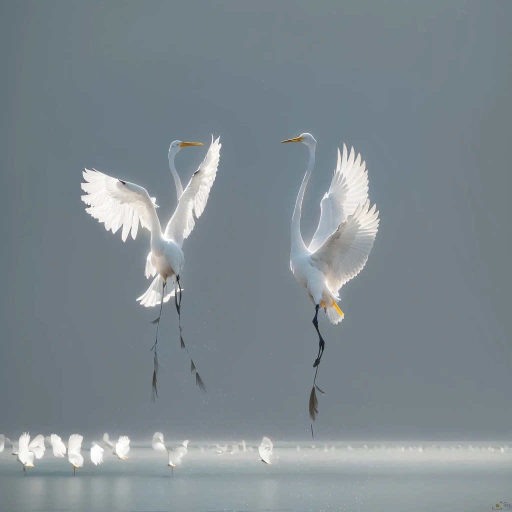 There are two white birds flying together over the water, Beautiful and graceful, Quiet and beautiful, Wingspan style, dancing gracefully, Spread your wingsing, Majestic wings, Nature documentary stills, Dance together, Spread your wings, Spread your wings, Male and female, by Liang Kai, and great birds, Two cranes flying across the sun, Spread your wings