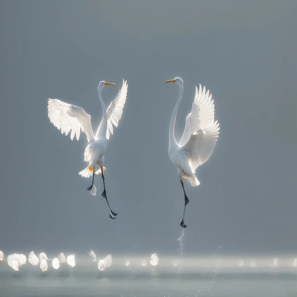 There are two white birds flying together over the water, Beautiful and graceful, Quiet and beautiful, Wingspan style, dancing gracefully, Spread your wingsing, Majestic wings, Nature documentary stills, Dance together, Spread your wings, Spread your wings, Male and female, by Liang Kai, and great birds, Two cranes flying across the sun, Spread your wings