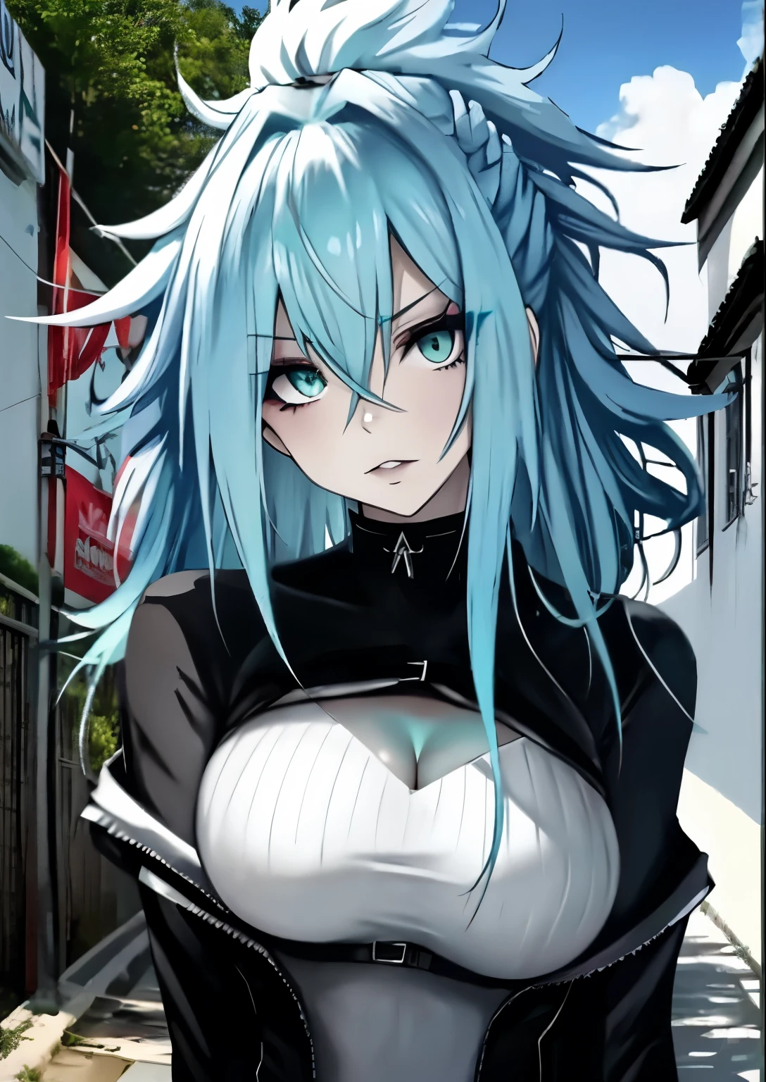 1girl,egirlmakeup, messy hair, aqua hair, big breasts, outdoors, pale skin, looking at viewer, head tilt
