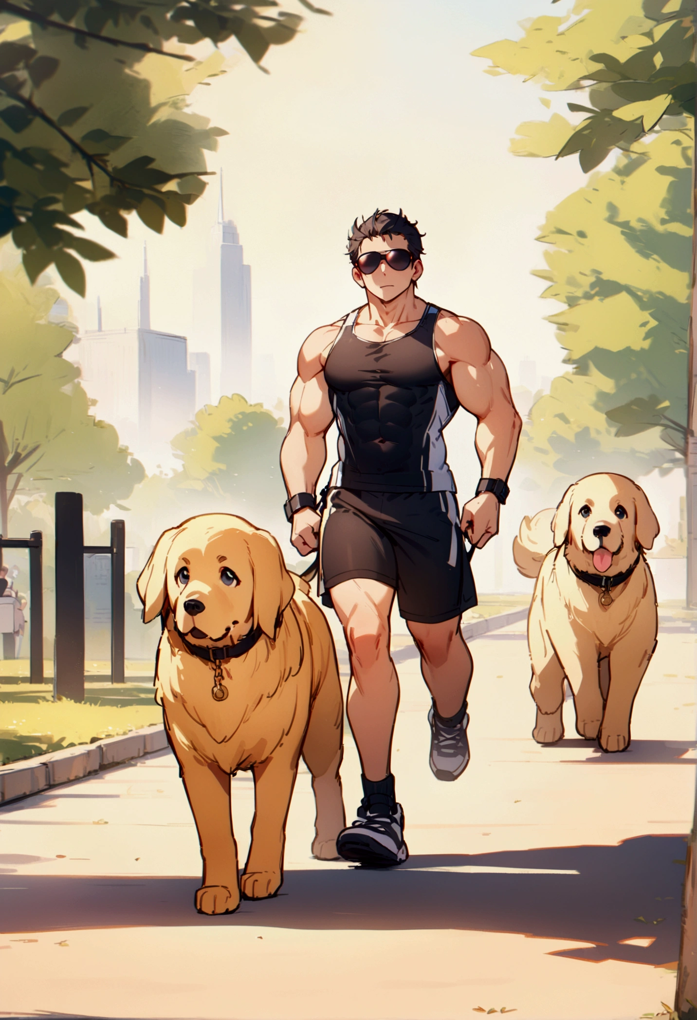 best quality, masterpiece, 8K, HD, young muscular man, wearing sports tank top and tight booty shorts, wearing stylish sunglasses, jogging while walking two dogs on leashes, a big black dog and a golden retriever in front of him, in a park, metropolitan city in the background, front view, full body, zoomed out, vibrant colors, highly detailed