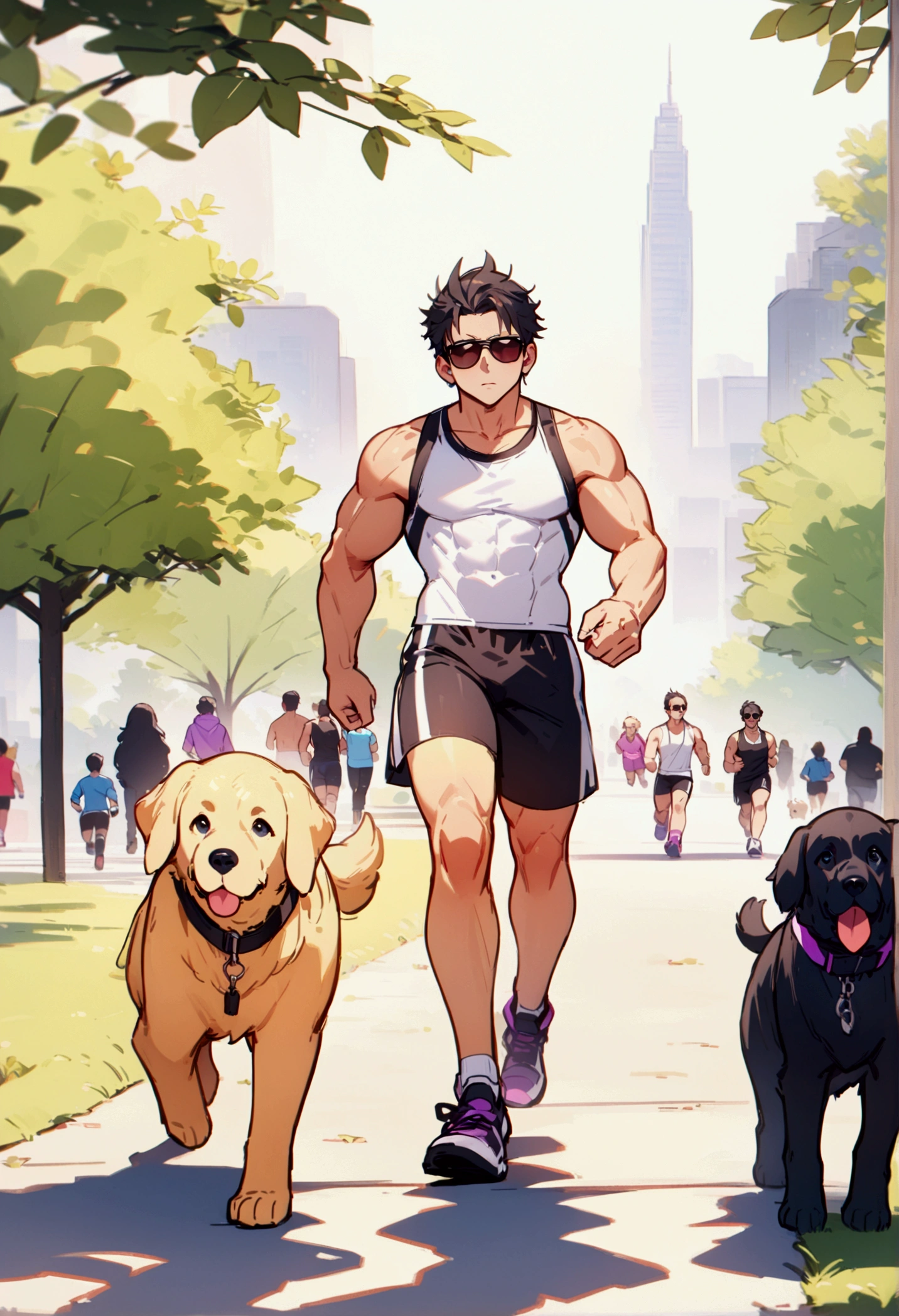 best quality, masterpiece, 8K, HD, young muscular man, wearing sports tank top and tight booty shorts, wearing stylish sunglasses, jogging while walking two dogs on leashes, a big black dog and a golden retriever in front of him, in a park, metropolitan city in the background, front view, full body, zoomed out, vibrant colors, highly detailed