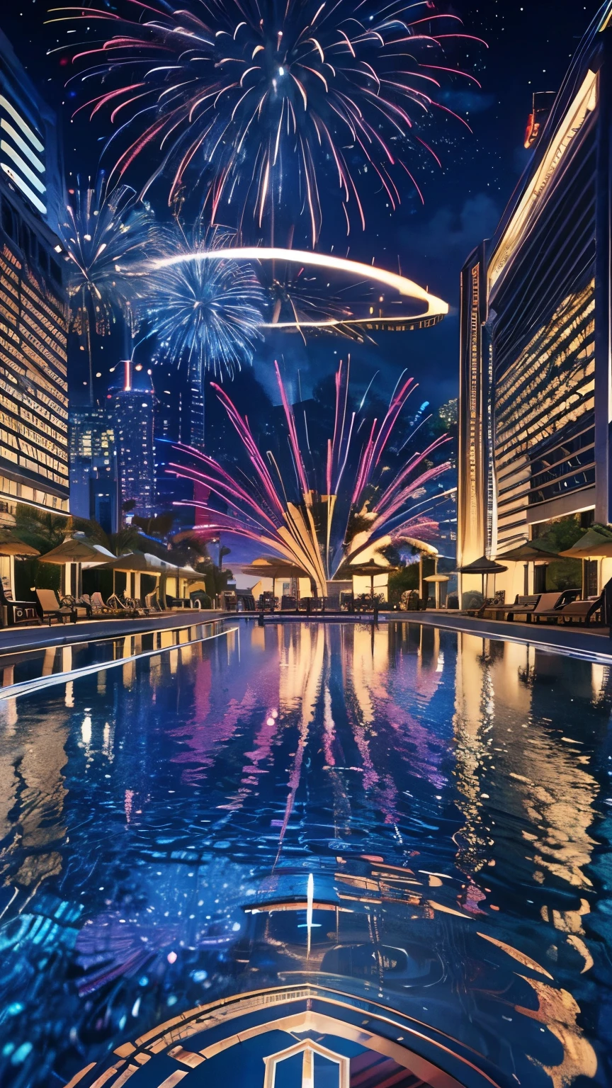 Highest quality, Super quality, 16K, Incredibly absurd, Very detailed, delicate and dynamic, SFW, Natural light, Small particles reflect light, Diffuse reflection of light, Vortex of Light, Lots of starlight, fire works, roof top pool of Marina Bay Sands Singapore, night, moon, 水面にmoonが映る, night景, Create amazing image effects, pool side bar, pool party, Sumptuous cuisine, Upper body close-up, (, cute sexy three girls, big busts, Pool party with my girlfriend, Sensual expression, peacefulness, Elegant, Charm, lure, , pool side bar, , シンガポールのnight景, black long hair, Chic swimwear, Sumptuous cuisine, , Tifa Lockhart Final Fantasy VII )
