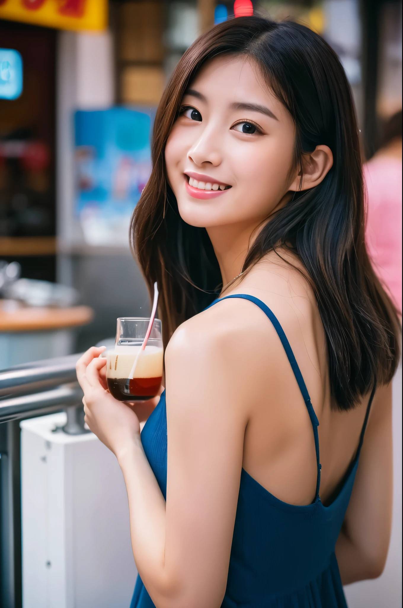 A very cute face like an idol、Looks like a young face、20-year-old female、Gentle and cute、A kind smile、Cleavage、one piece、Stylish bar counter、cheers、whole body、((leica 50 mm prime lens, Cine Steel 800T film, art color photography))、RAW Photos、Genuine、Artistic、Real Stick、High resolution、Genuine Life、No copyright notice