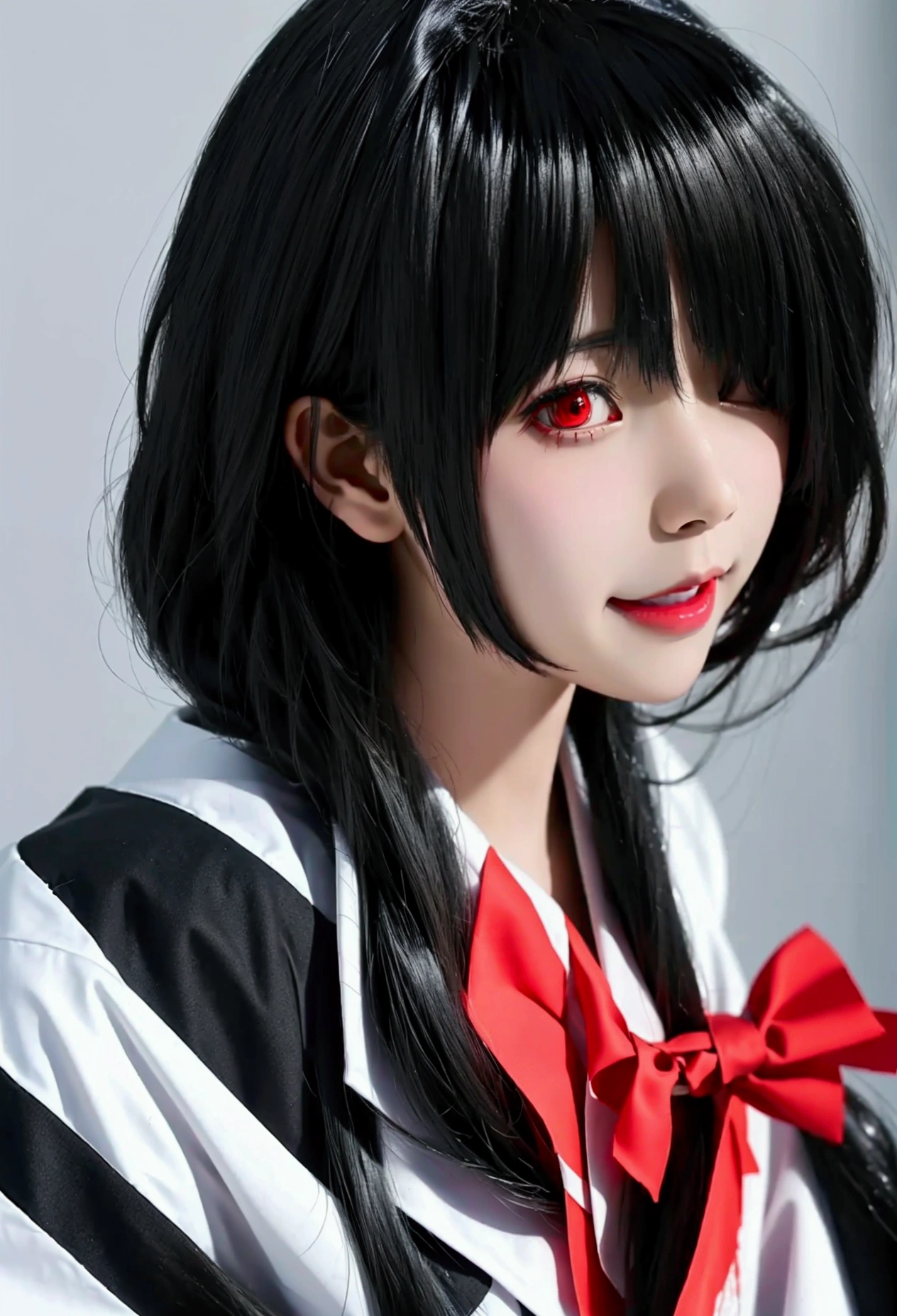 Yandere and slightly horror girl kawaii anime anime art anime style girl with red tear bags big tear bags puffy eyes anime digital art beautiful girl cute but a little mentally ill 8K high quality background ruins angle from below