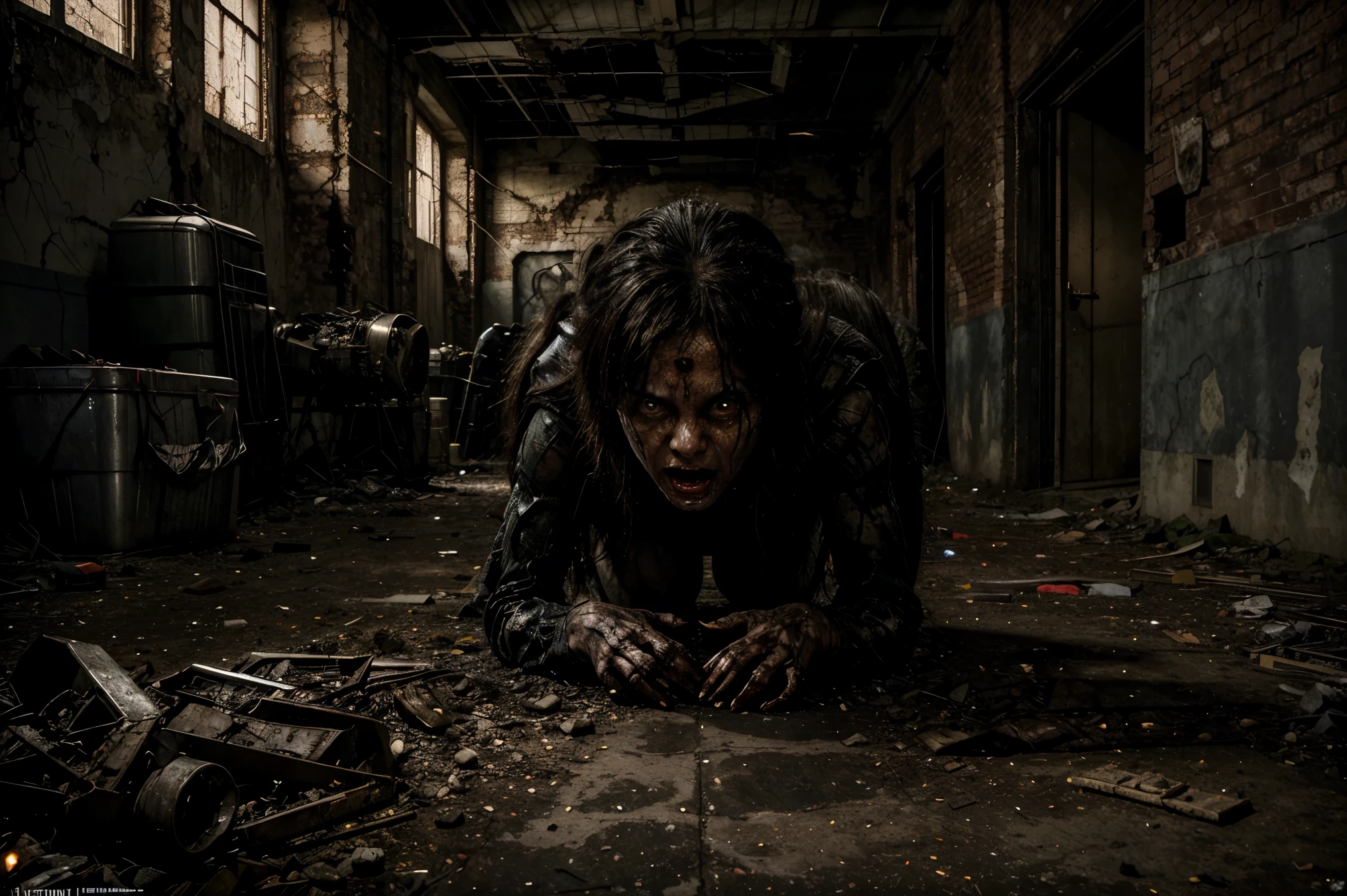 A terrifying six-legged monster composed of many human heads is placed in an abandoned factory. It is dark and terrifying and highly classified. The light is weak and the contrast is extreme. The soldiers are rushing to avoid the scene. The scene is chaotic. Super-real photos. The monster refers to the classic movie "The Thing". It feels like you are in a real world. It's like a horror movie, I feel desperate, my body parts are all over the ground,