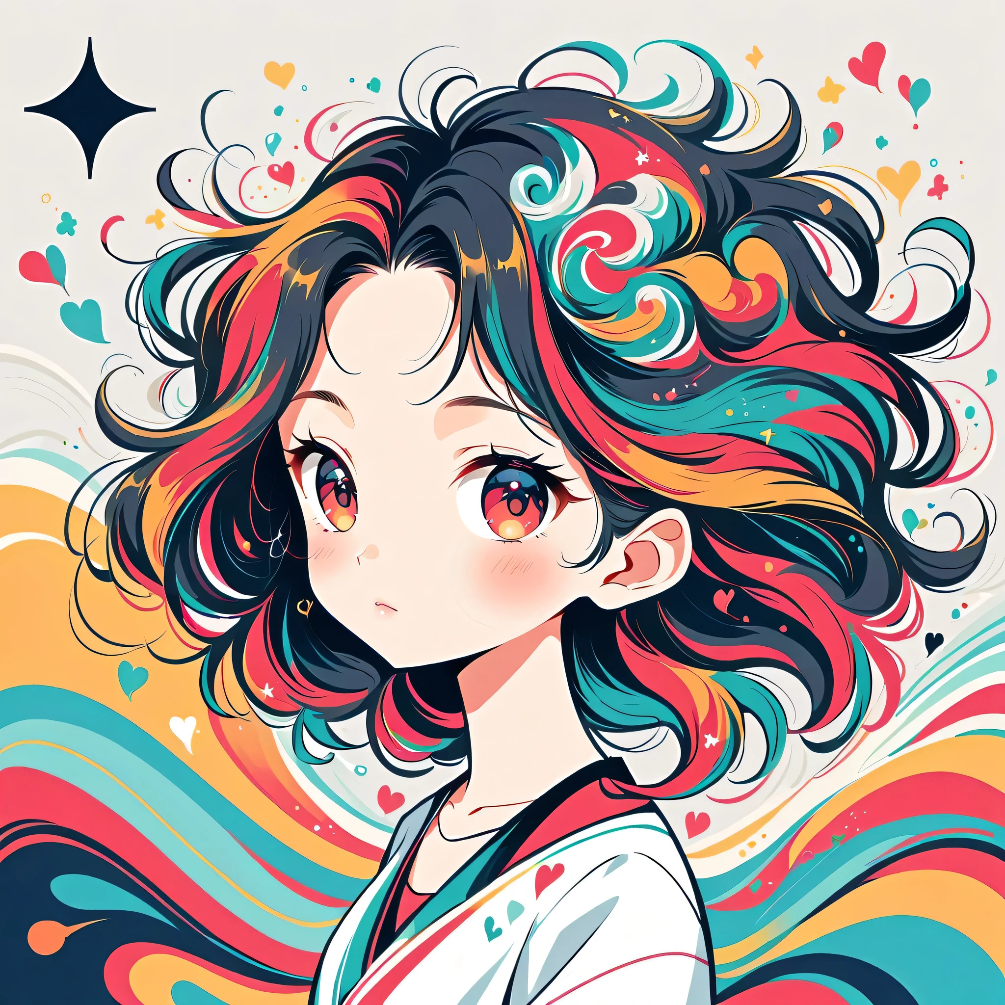 Black Star Red and White style, Simple Line Initialism,Abstract art,Urban Background, colorful hearts ,(((The most beautiful girl of all time))),
