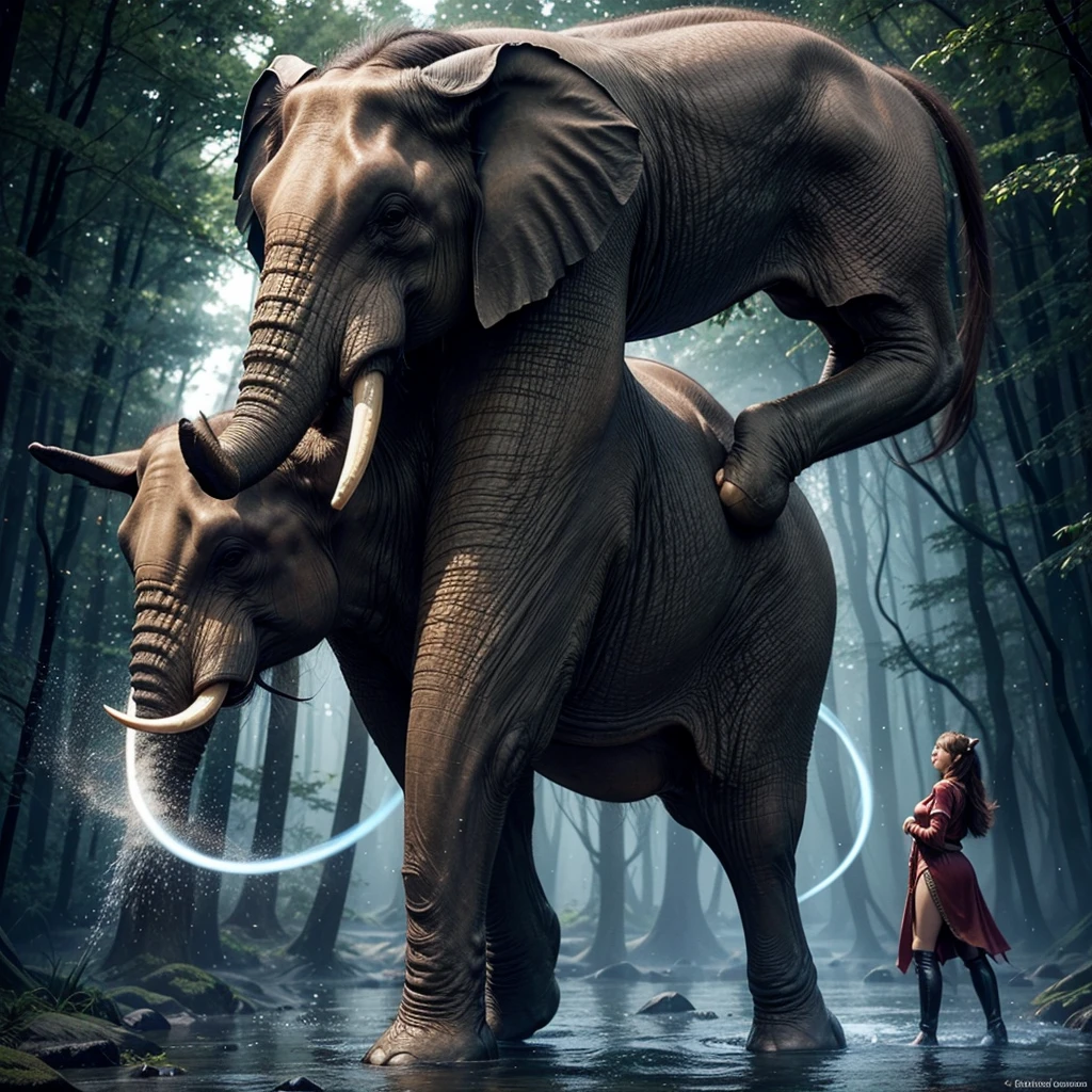 Create an ultra-realistic image of a magical creature that combines elements of an elephant and a horse, inspired by Greek mythology. This unique creature should have the majestic body and strength of an elephant, but with the elegance and grace of a horse. The creature's body should be massive and muscular, covered in a thick, leathery skin that resembles the texture of an elephant's hide but with a sleek, glossy sheen. Its legs should be long and powerful, similar to a horse's, allowing it to move with both strength and agility. The feet should end in large, rounded hooves that combine the features of both animals. The creature's head should blend the features of both an elephant and a horse. It should have a long, graceful neck like a horse, but with the iconic trunk of an elephant, which should be adorned with intricate, mystical patterns glowing faintly. The ears should be large and fan-like, similar to an elephant's, but with a more streamlined and elegant shape. The eyes should be large, expressive, and filled with wisdom, reflecting the creature's ancient and magical nature. The creature should have a flowing mane like a horse, but made of shimmering, ethereal strands that ripple and glow with magical energy. The tail should also blend elements of both animals, being long and powerful like an elephant's, but ending in a tuft of flowing hair like a horse's mane. The setting should be a mystical, enchanted forest with towering ancient trees, glowing plants, and a magical, ethereal atmosphere. The creature should be depicted in a majestic pose, perhaps rearing up on its hind legs or gracefully striding through the forest. The overall scene should evoke a sense of awe and wonder, highlighting the beauty and power of this unique, mythical creature