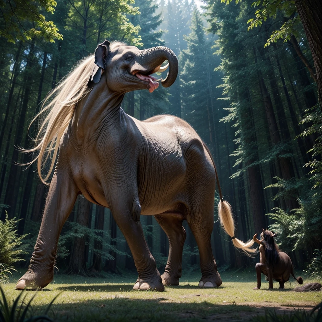 Create an ultra-realistic image of a magical creature that combines elements of an elephant and a horse, inspired by Greek mythology. This unique creature should have the majestic body and strength of an elephant, but with the elegance and grace of a horse. The creature's body should be massive and muscular, covered in a thick, leathery skin that resembles the texture of an elephant's hide but with a sleek, glossy sheen. Its legs should be long and powerful, similar to a horse's, allowing it to move with both strength and agility. The feet should end in large, rounded hooves that combine the features of both animals. The creature's head should blend the features of both an elephant and a horse. It should have a long, graceful neck like a horse, but with the iconic trunk of an elephant, which should be adorned with intricate, mystical patterns glowing faintly. The ears should be large and fan-like, similar to an elephant's, but with a more streamlined and elegant shape. The eyes should be large, expressive, and filled with wisdom, reflecting the creature's ancient and magical nature. The creature should have a flowing mane like a horse, but made of shimmering, ethereal strands that ripple and glow with magical energy. The tail should also blend elements of both animals, being long and powerful like an elephant's, but ending in a tuft of flowing hair like a horse's mane. The setting should be a mystical, enchanted forest with towering ancient trees, glowing plants, and a magical, ethereal atmosphere. The creature should be depicted in a majestic pose, perhaps rearing up on its hind legs or gracefully striding through the forest. The overall scene should evoke a sense of awe and wonder, highlighting the beauty and power of this unique, mythical creature