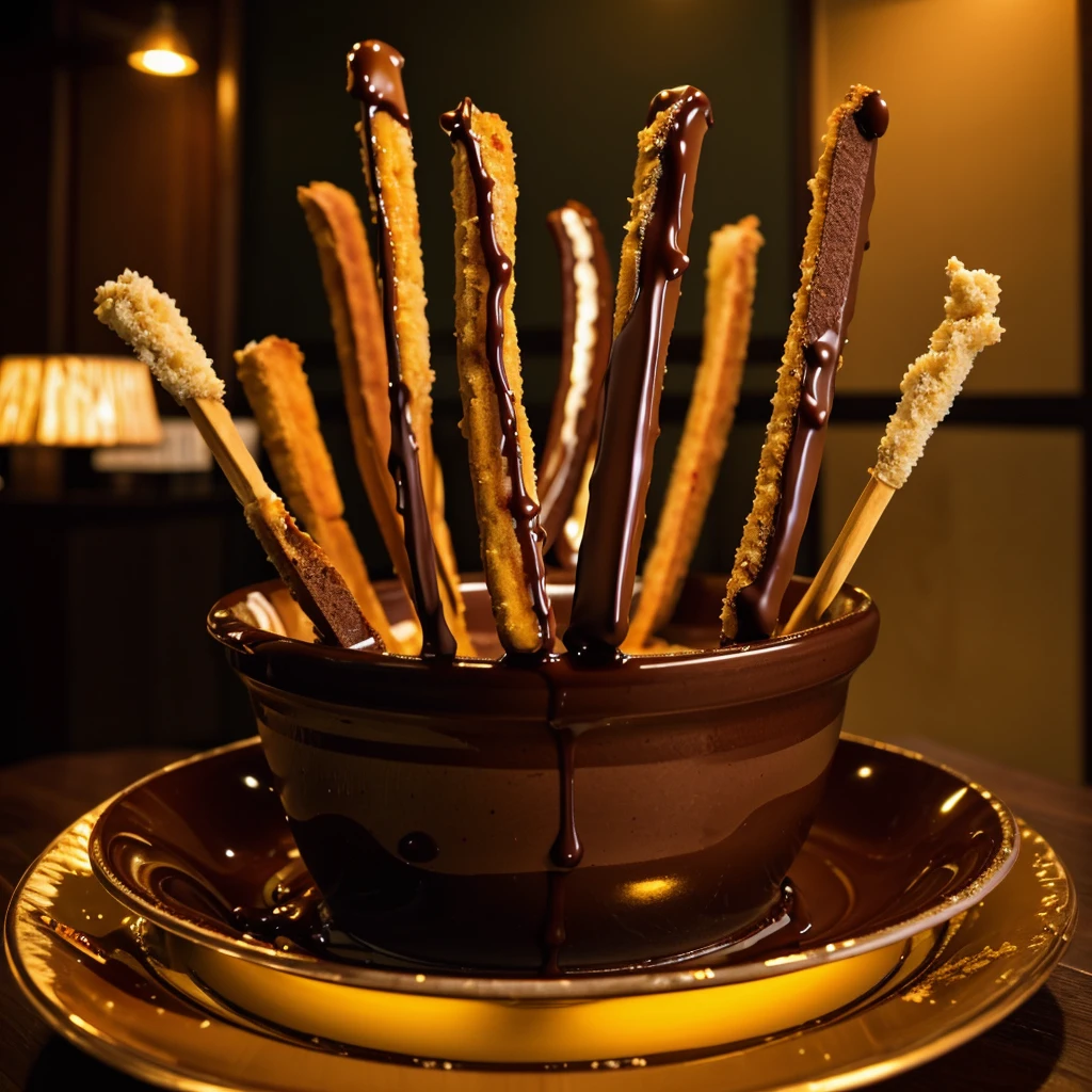fried snickers dipped in chocolate sauce on a stick,food photography,state fair atmosphere,intricate details,warm lighting,shallow depth of field,vibrant colors,mouthwatering,appetizing,tempting,glossy,dripping chocolate,golden brown batter,crisp texture,artistic composition,professional food stylist