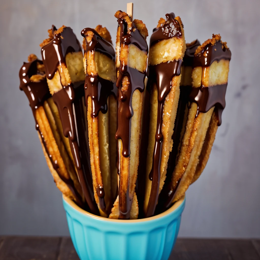 fried snickers dipped in chocolate sauce on a stick,food photography,state fair atmosphere,intricate details,warm lighting,shallow depth of field,vibrant colors,mouthwatering,appetizing,tempting,glossy,dripping chocolate,golden brown batter,crisp texture,artistic composition,professional food stylist