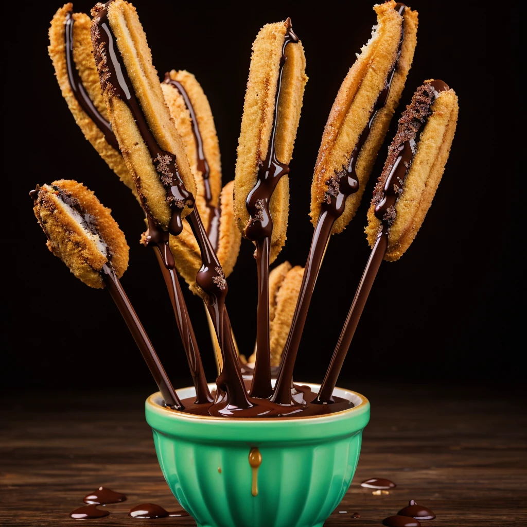 fried snickers dipped in chocolate sauce on a stick,food photography,state fair atmosphere,intricate details,warm lighting,shallow depth of field,vibrant colors,mouthwatering,appetizing,tempting,glossy,dripping chocolate,golden brown batter,crisp texture,artistic composition,professional food stylist