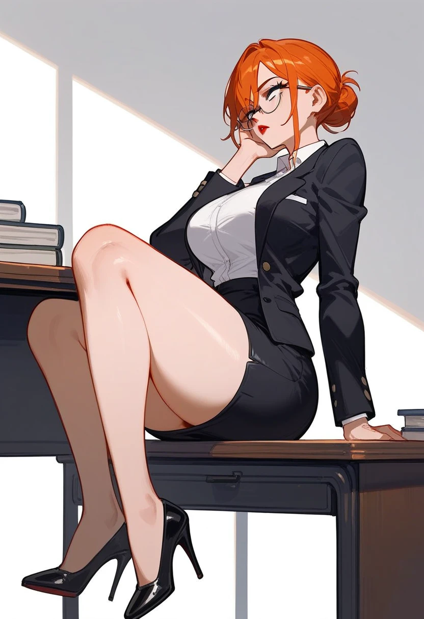 strict adult female teacher, pale porcelain skin, short ginger hair in a sleek hairbun, strict facial expression, glasses, wearing a black blazer over a white blouse,very large breasts , red lipstick, sitting at her desk, resting one hand on her cheek, rolling eyes over, bored, side view, wearing tight black pencil skirt, very thick legs, very thick thighs, shapely calves, short legs, bare thick legs, wearing black high heels, voluptuous