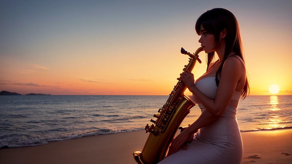 A super-realistic animation of a beautiful and elegant woman playing the saxophone on a beautiful beach at sunset.
