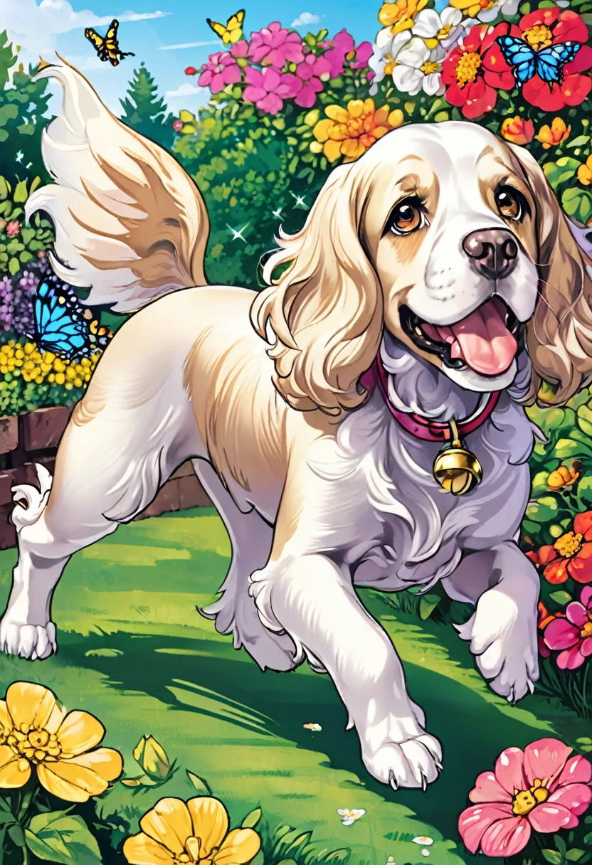 A delightful black and white line art coloring page of a playful cocker spaniel chasing a butterfly in a garden. The puppy, with floppy ears and a wagging tail, is depicted with thick lines and minimal details, making it perfect for kids to color. The butterfly, with open wings, flies gracefully above the puppy. The garden has a few simple flowers and blades of grass, creating a cheerful atmosphere. The clear, bold outlines and vibrant colors stand out against the white background, making the illustration fun and engaging, illustration