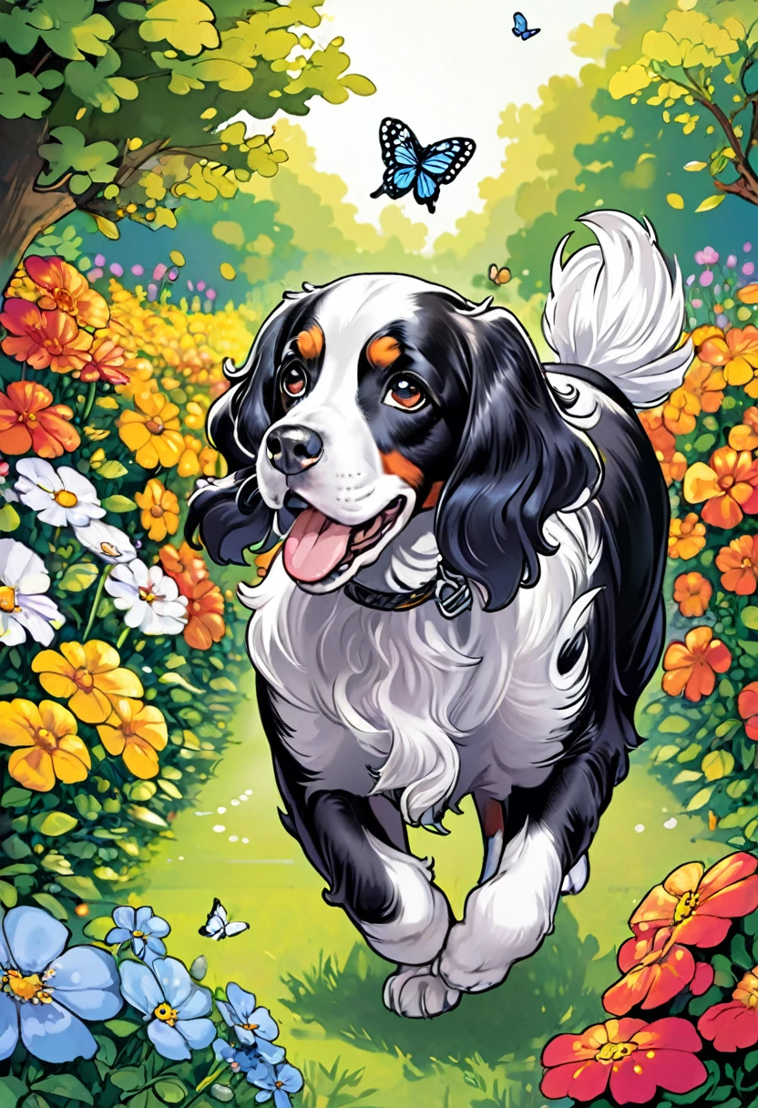 A delightful black and white line art coloring page of a playful cocker spaniel chasing a butterfly in a garden. The puppy, with floppy ears and a wagging tail, is depicted with thick lines and minimal details, making it perfect for kids to color. The butterfly, with open wings, flies gracefully above the puppy. The garden has a few simple flowers and blades of grass, creating a cheerful atmosphere. The clear, bold outlines and vibrant colors stand out against the white background, making the illustration fun and engaging, illustration