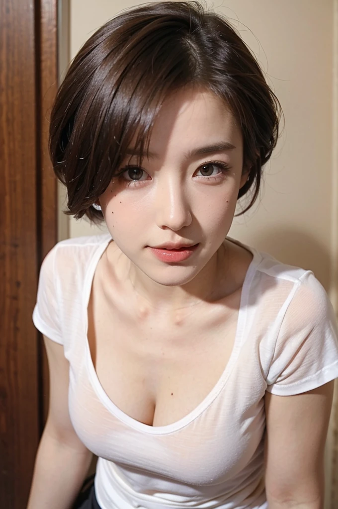 (nsfw 1.5),One Girl, Slightly larger breasts,, (8K, RAWphotograph, Highest quality, masterpiece:1.2),(Realistic, photo-Realistic:1.37),Very delicate and beautiful,photograph,8K,In detail,Beautiful details,Highest quality,Ultra-high resolution,((Very detailed)),(photo-Realistic:1.37),Looking into the camera、(((short hair)))、((right eye:Mole on the corner of the eye))、(Teeth are coming out)、((Tight waist))、(thin)、(office)、((White shirt))、Black Skirt、((Kissing Face))
