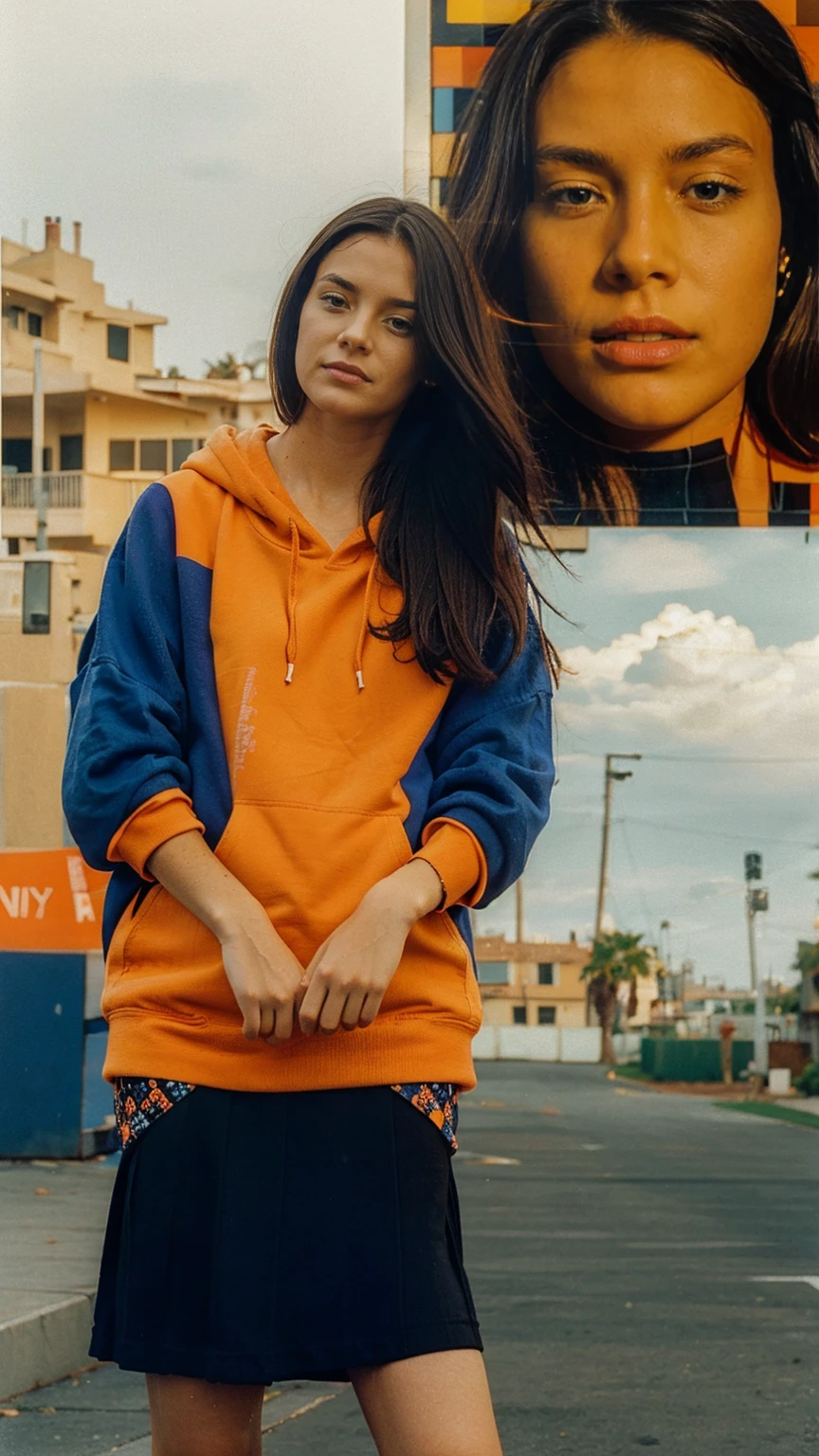 long shot portrait of cute 23 yo girl ,wear ((orange color oversized hoodie)), wear ((purple tennis skirt)),looking viewer,Best Quality,Masterpiece,Ultra High Resolution,(Realisticity:1.4),Original Photo, 1Girl, light leak,ultra high resolution,UHD,beautiful, (black bob hair), almond eye, no makeup, in front of ((80's mondrian architecture motel)), (realistic:1.2), (surreal:1.3), (very detailed:1.1), ((masterpiece)),summer, blue sky, palm trees,sunny, los angles vibes,film camera, 800mm lens,style of Philip Lorca diCorcia